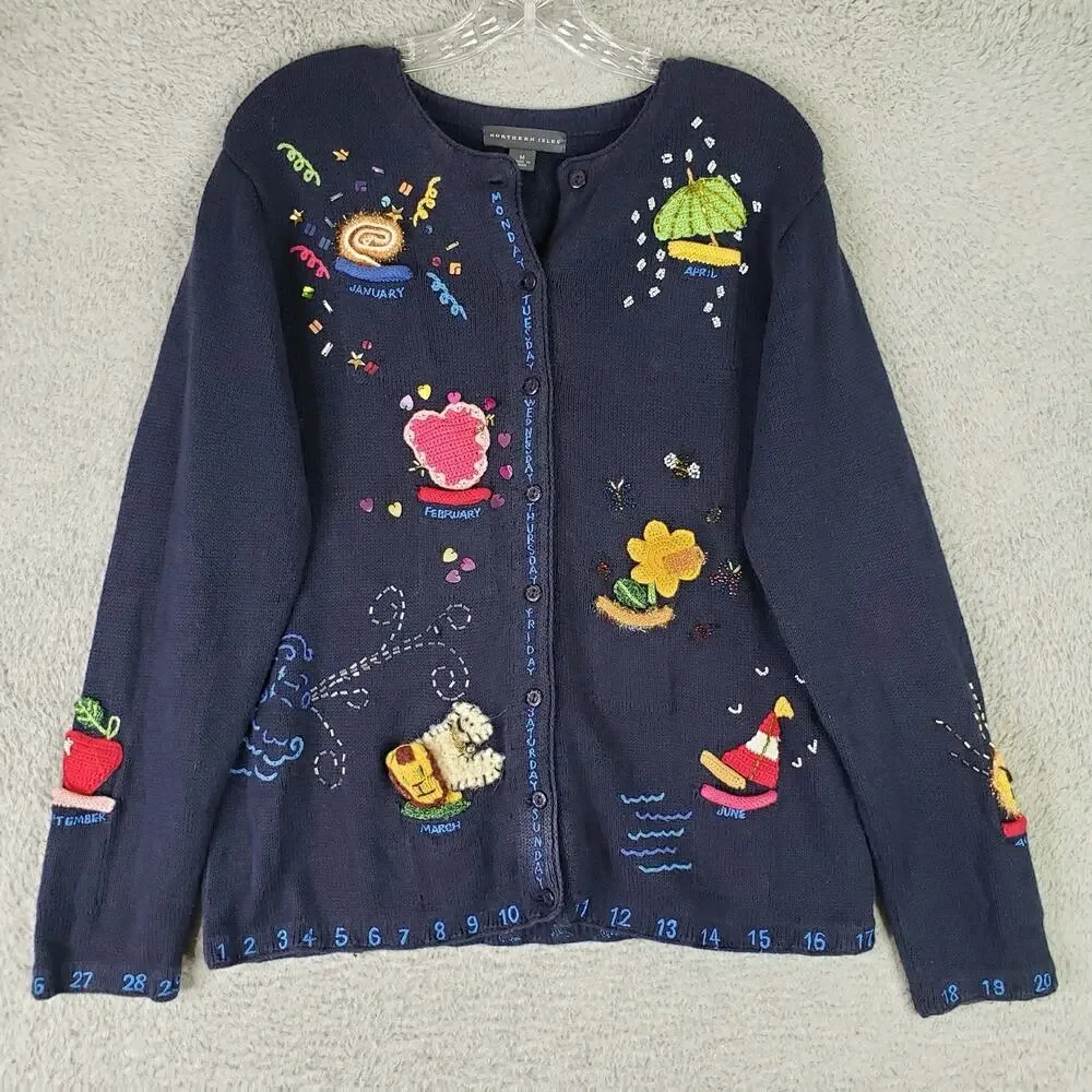 Vtg Northern Isles Cardigan Sweater Blue Embroidered Teacher Calendar Medium